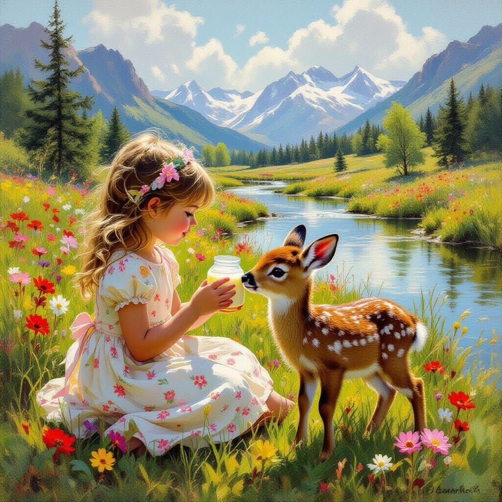 Girl Feeds Fawn in Blossoming Meadow