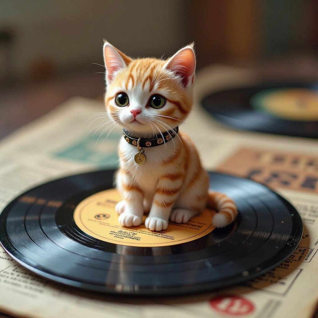 Miniature Cat on a Giant Vintage Record