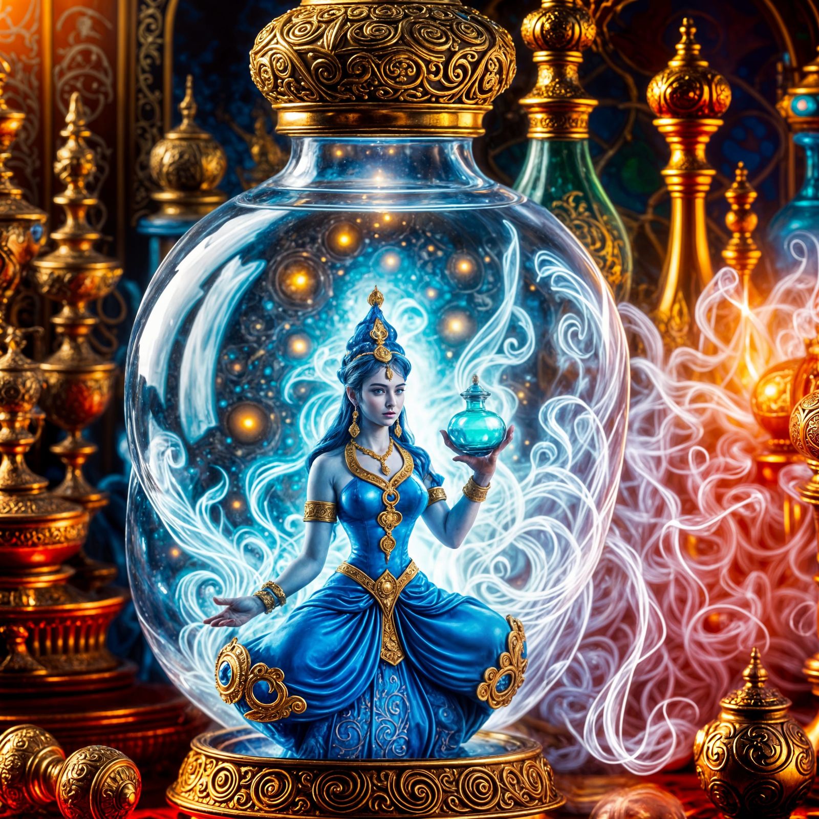 Hyperrealistic Genie Trapped in Ornate Glass Bottle