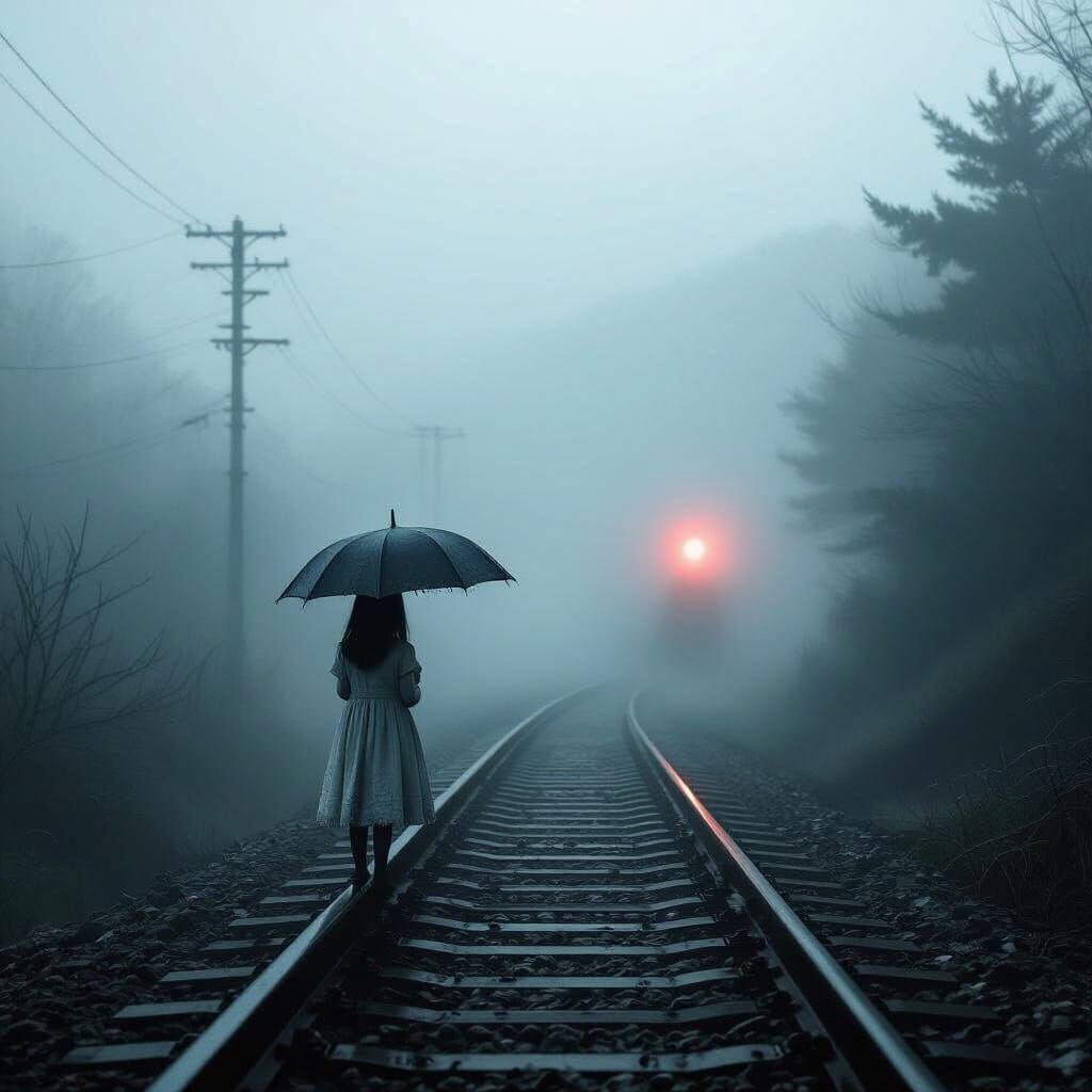Eerie Foggy Japanese Railway with Ghostly Girl and Red Light