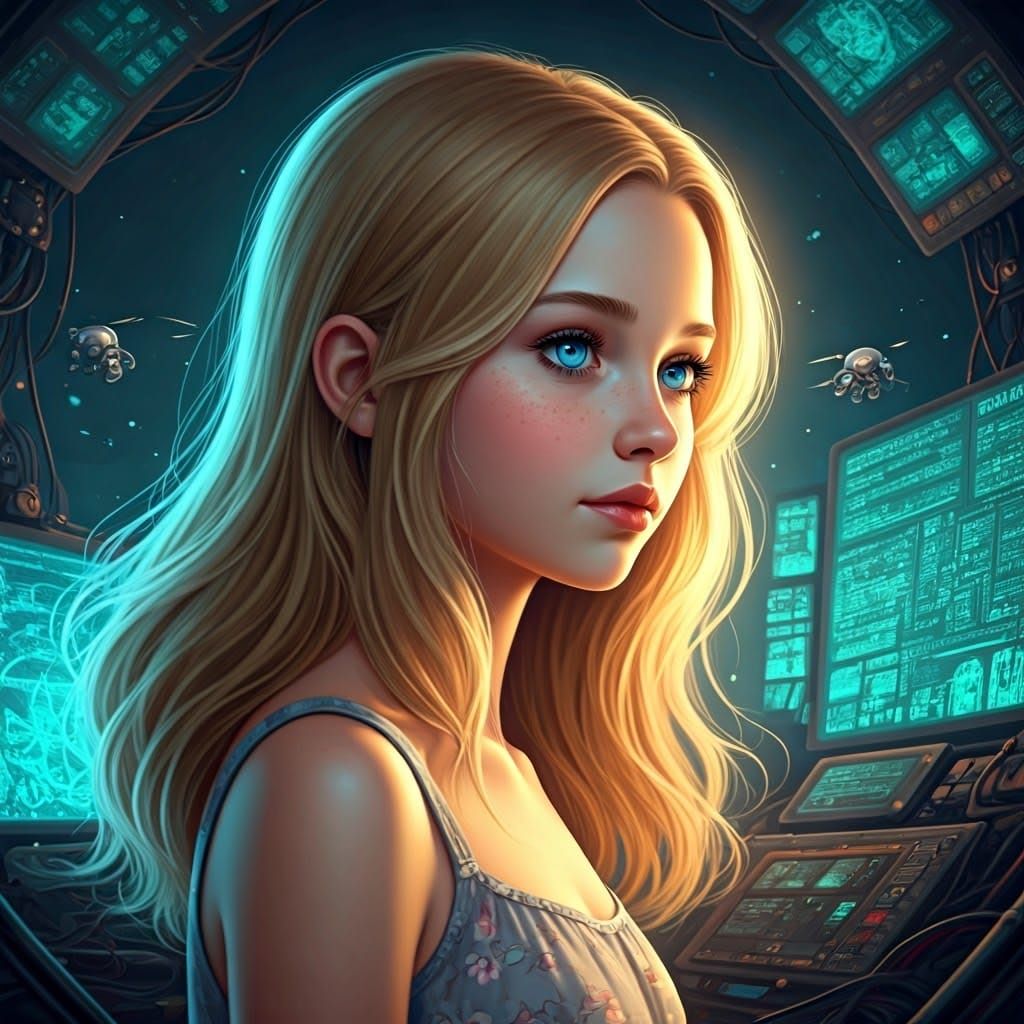 Teenage Technopath Goddess Surrounded by Futuristic Gadgets