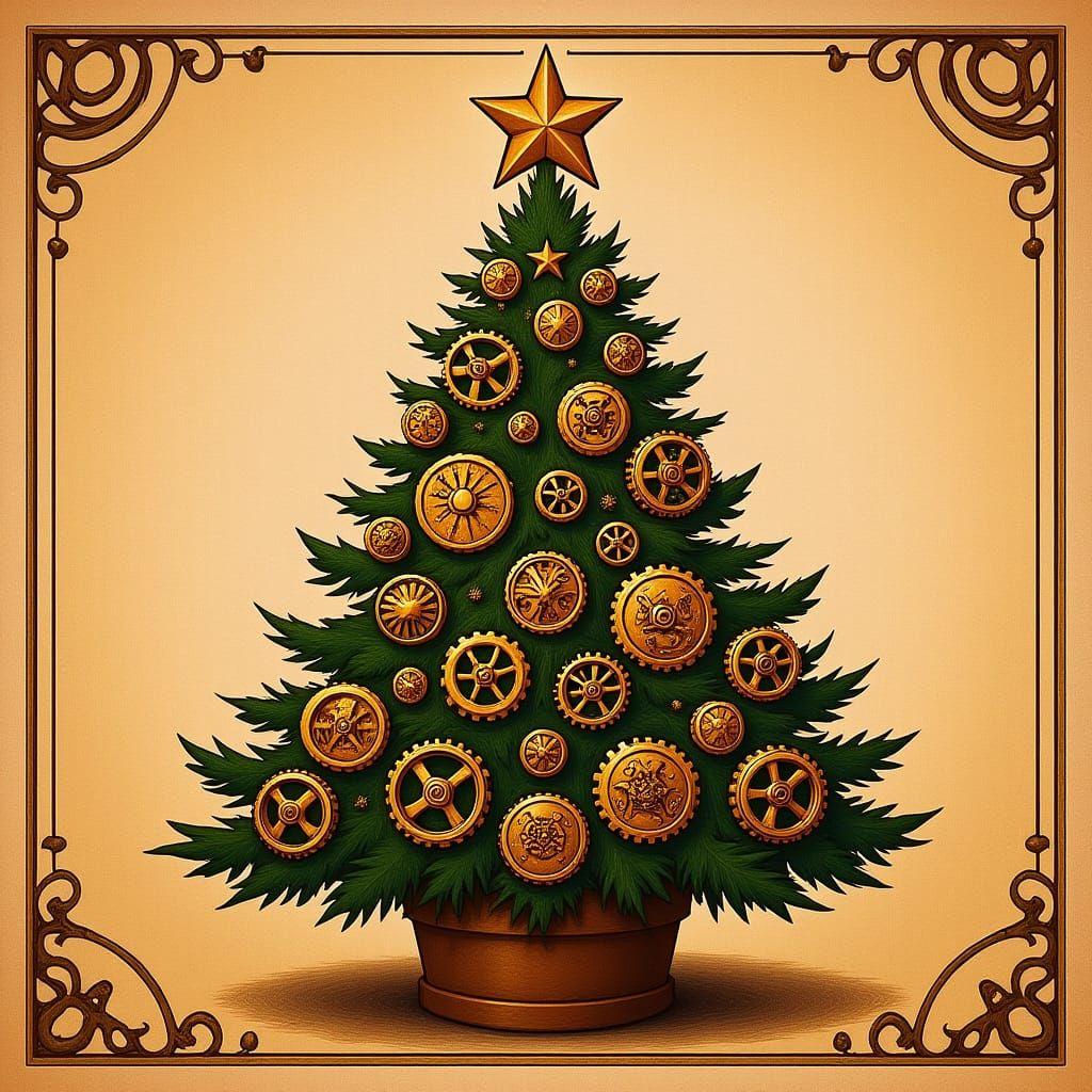 Steampunk Cog Christmas Tree in Surreal Anime Style
