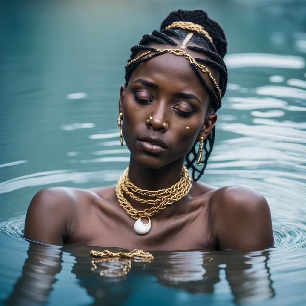 Woman with Gold Jewelry in Blue Water