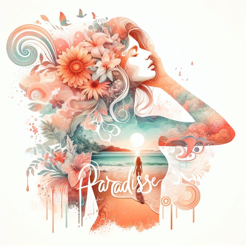 Woman Filled with Paradise: Double Exposure Illustration