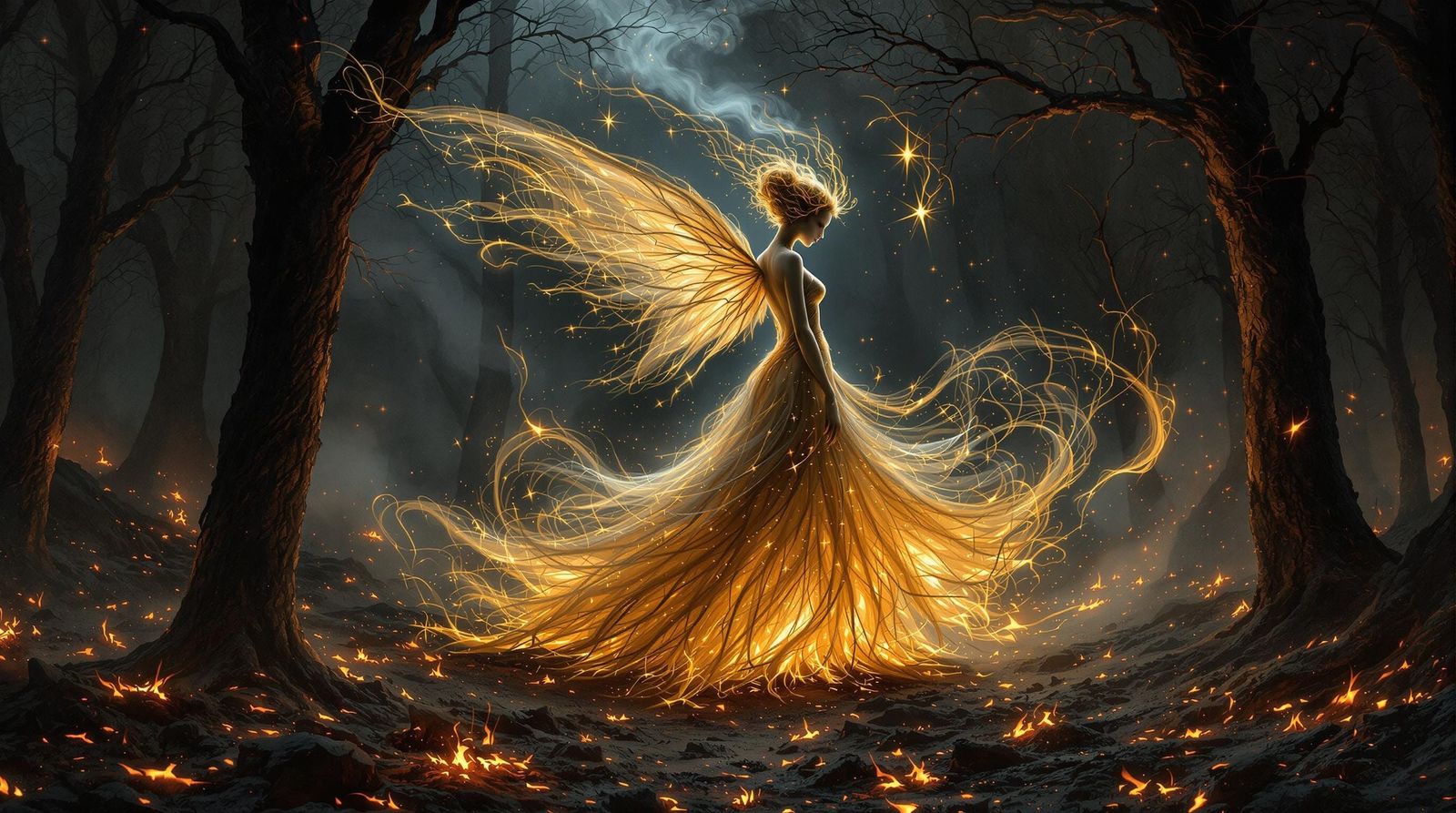 envision a fairy with an ash gown, formed from the swirling ...