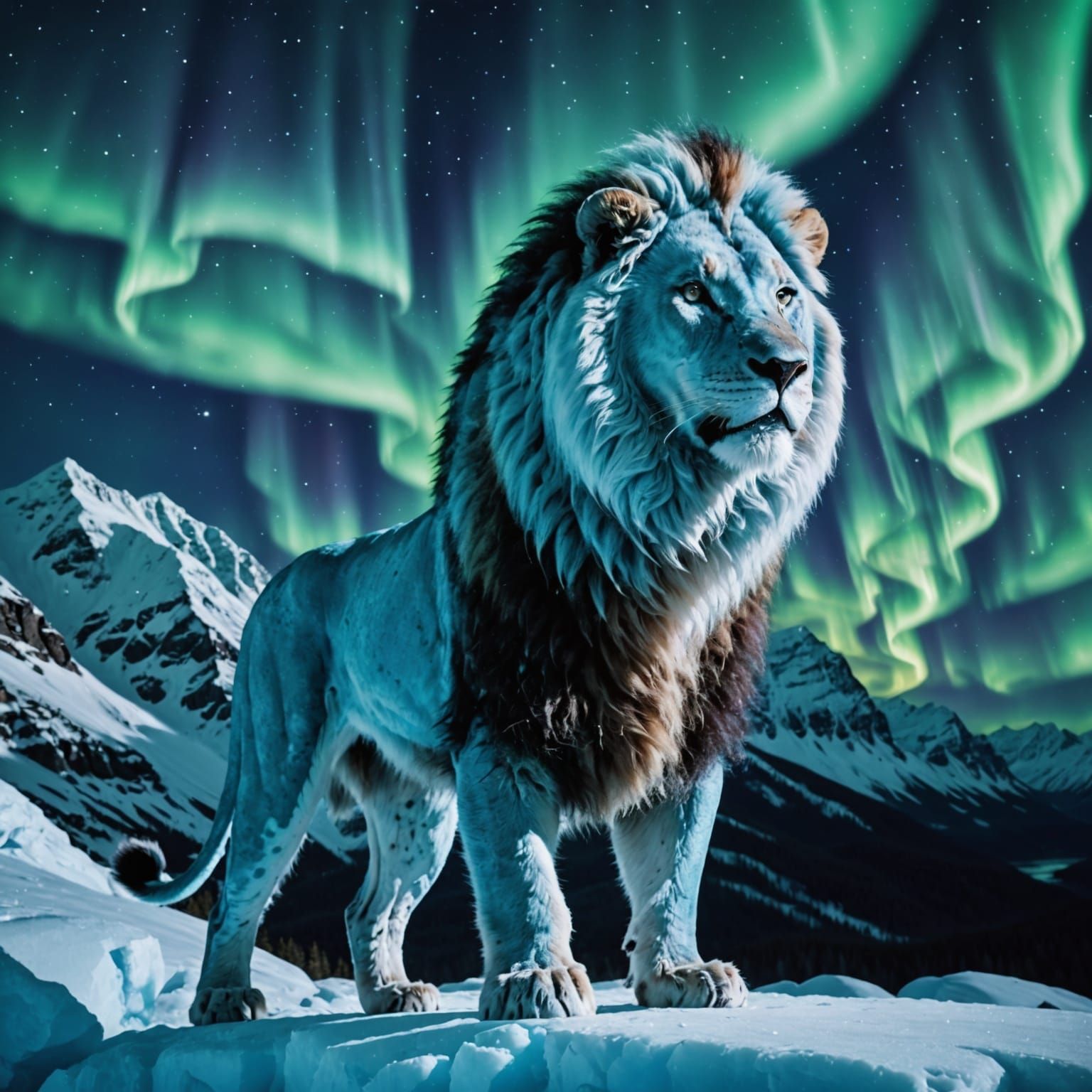 Lion King of Majestic Mountains Under Polar Lights