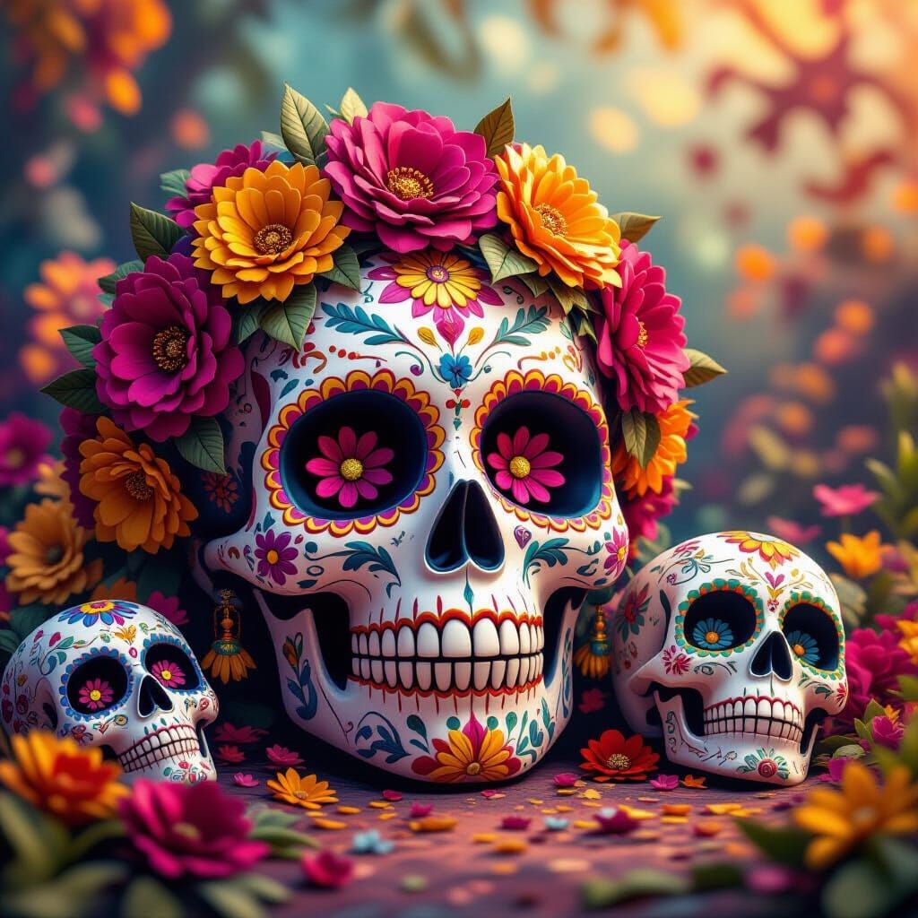 Vibrant Dia de los Muertos Sugar Skulls Matte Painting