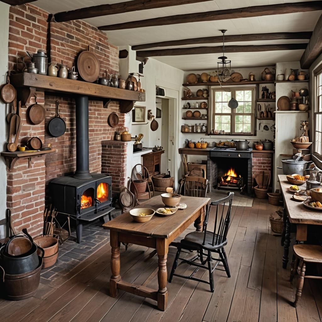 Colonial American Kitchen with Fireplace, Detailed Matte Pai...