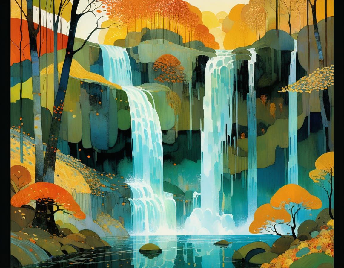 Abstract Autumn Waterfall in Klimt & Van Gogh Style