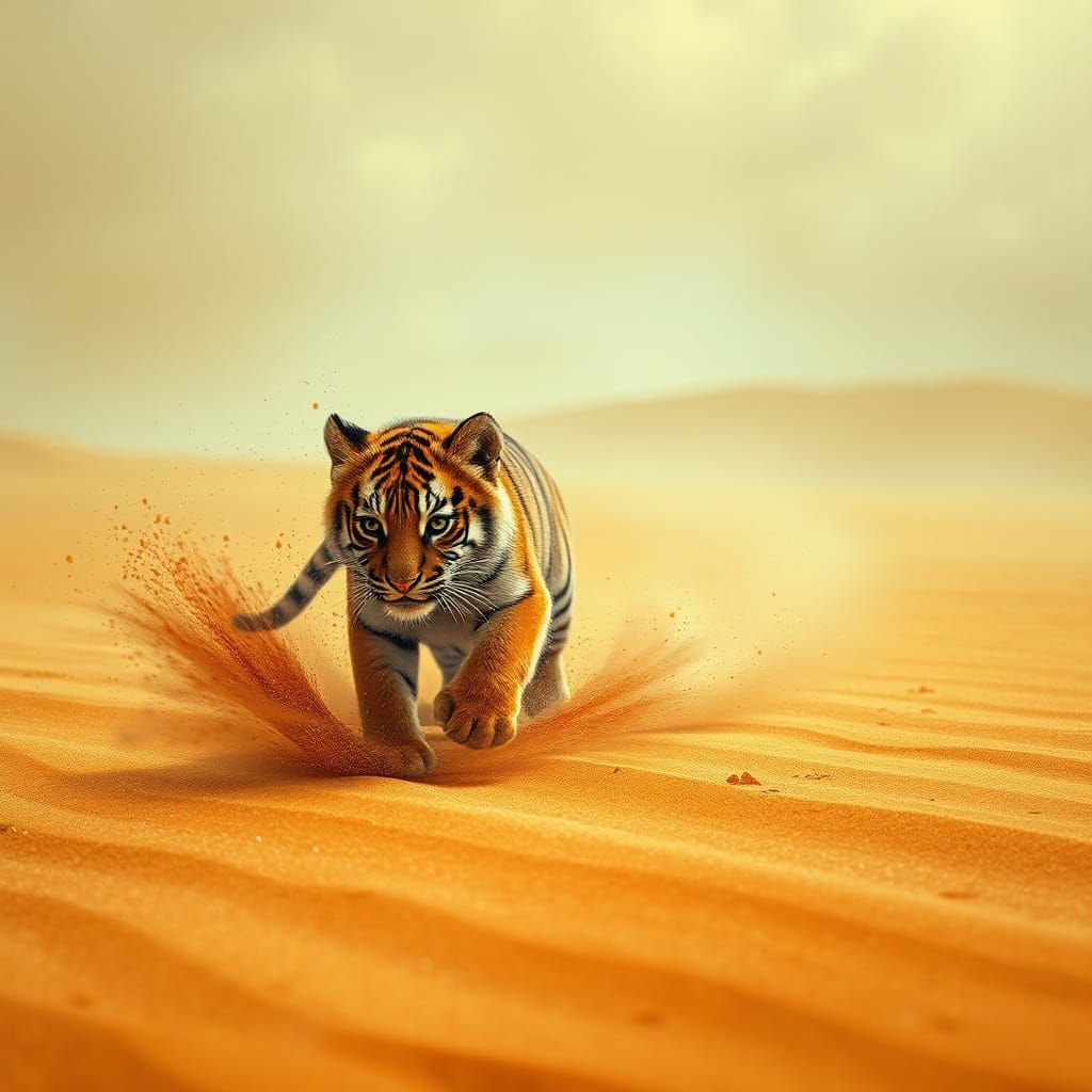 Magical Tiger Cub in Desert Sandstorm, Matte Painting