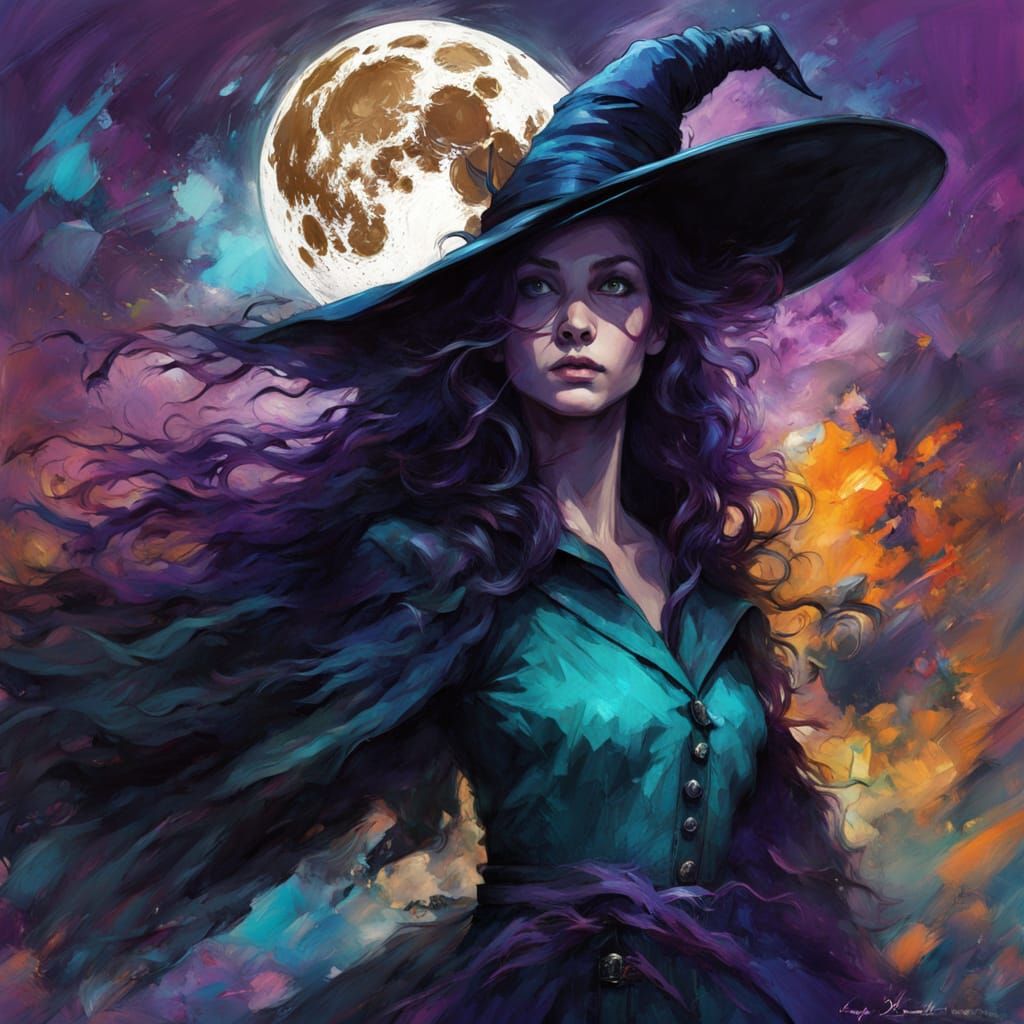 Witch Flying on Broom with Full Moon and Cat