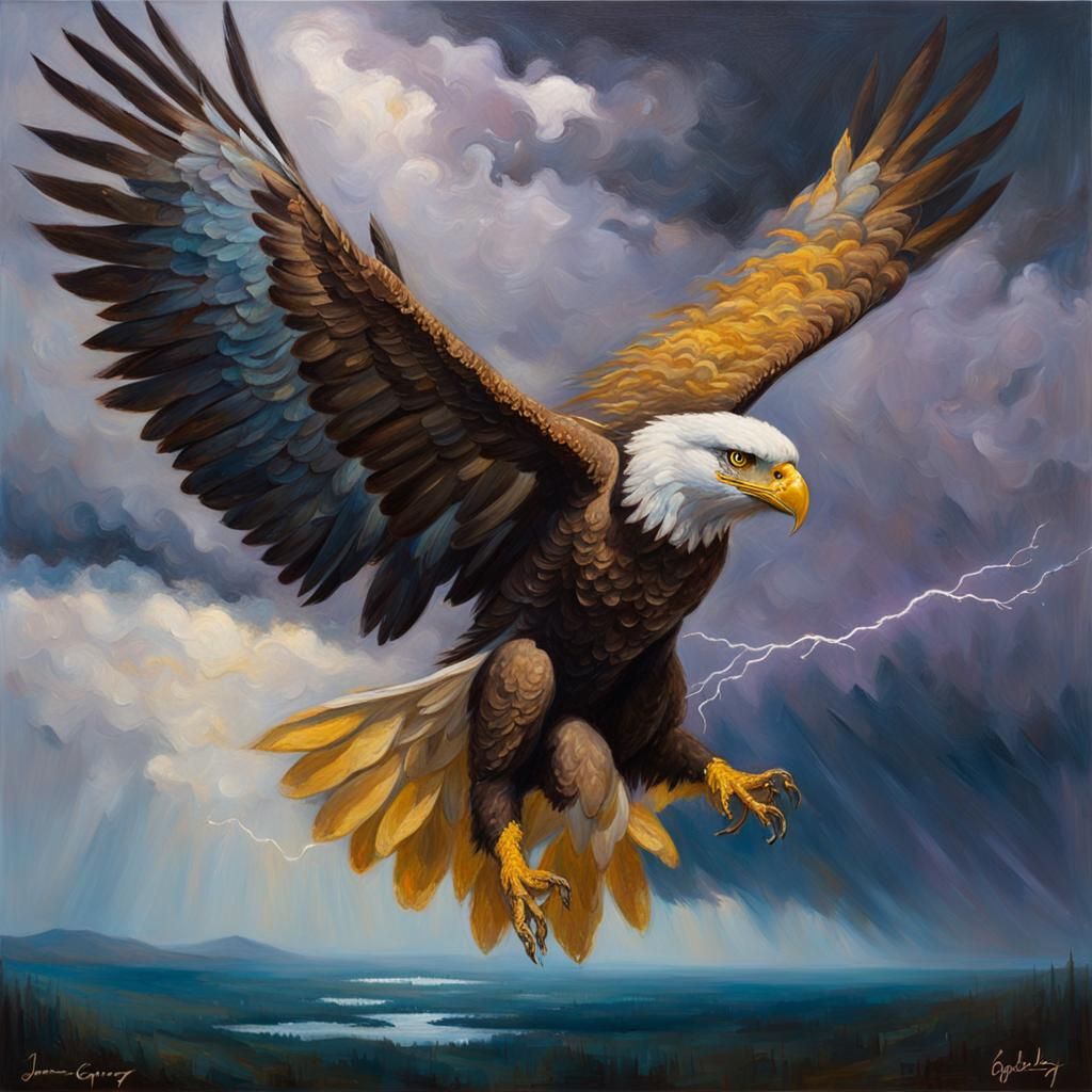 Golden Eagle Soaring in Stormy Sky, Oil Painting
