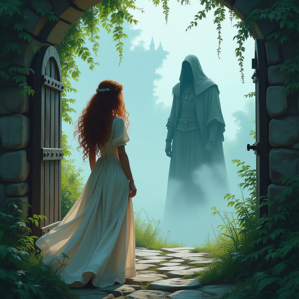 Medieval Woman at Gate in Fantasy Realism Style