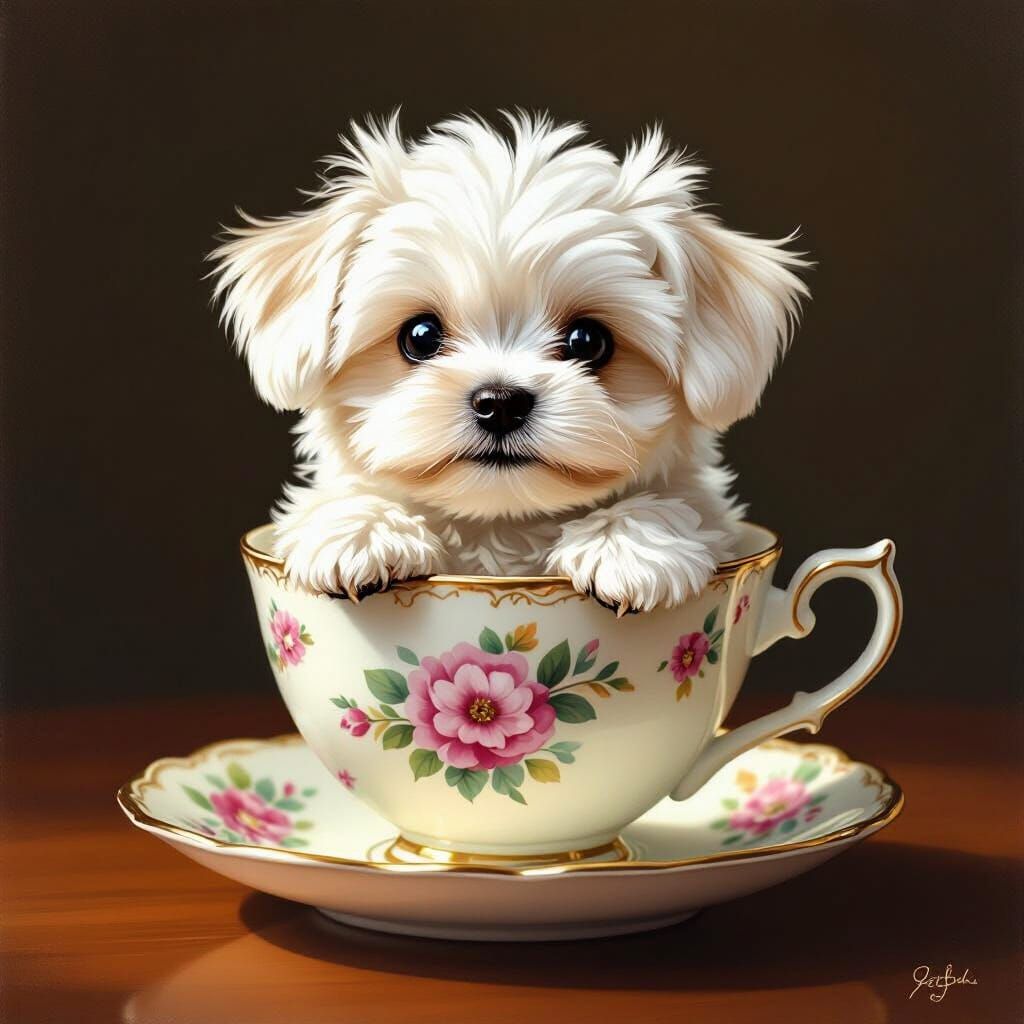 Tiny Maltese Dog in Teacup: Whimsical Illustration
