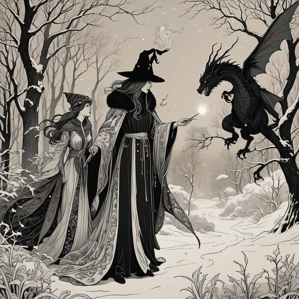 Wizard Conjures Dragon in Art Nouveau Illustration