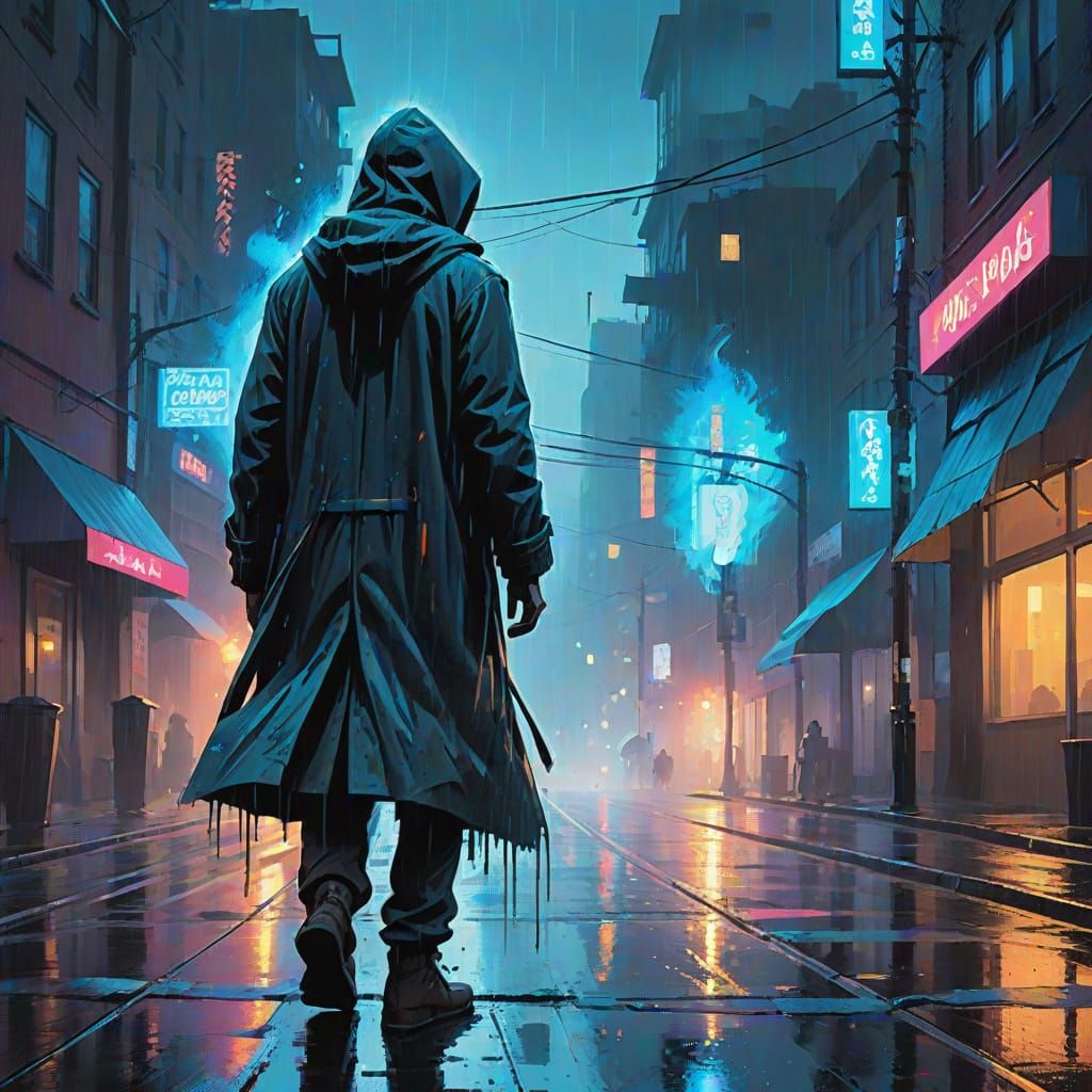 Glowing Figure Walks Through Rainy City Streets at Dusk