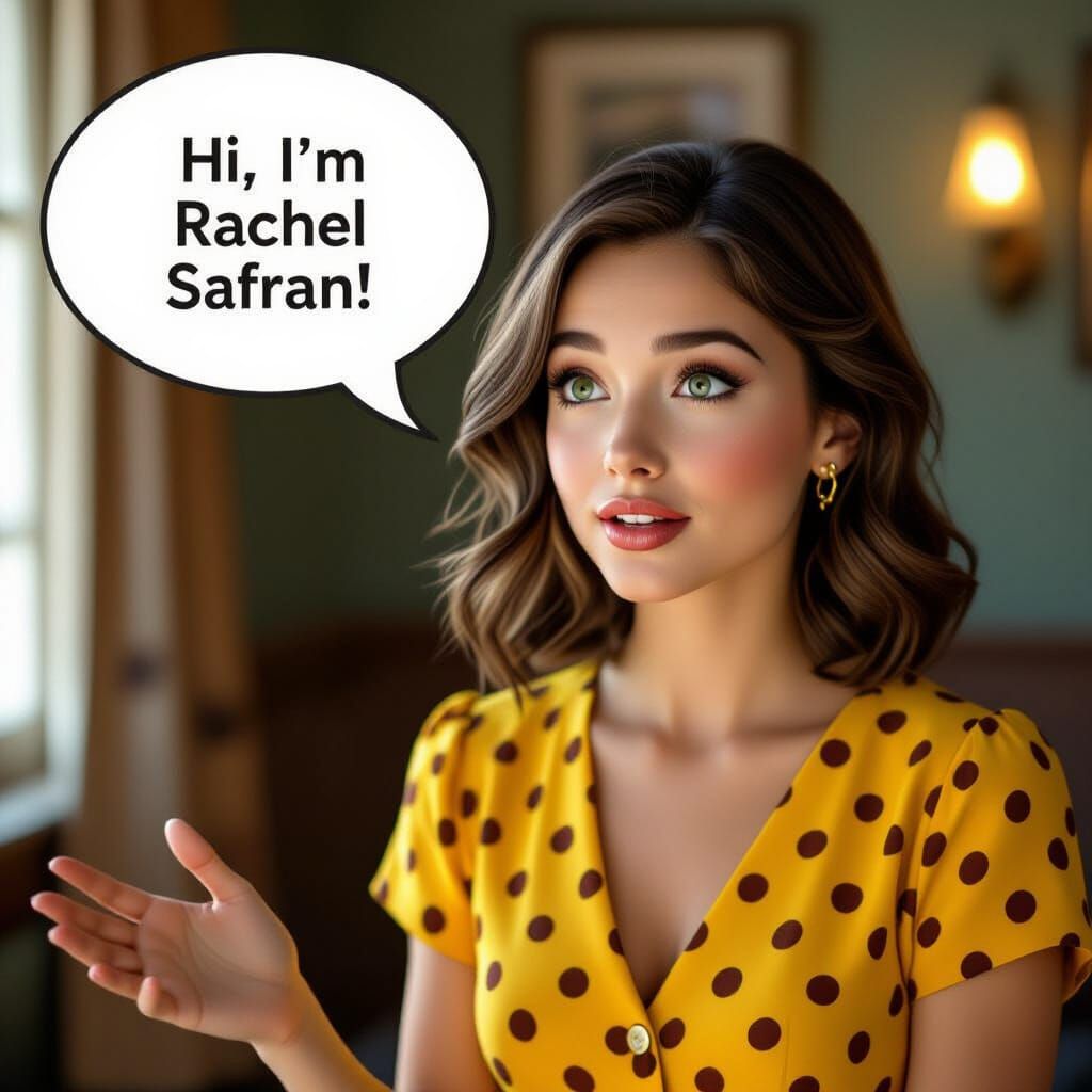 Woman in Polka Dot Dress Speaking in Speech Bubble