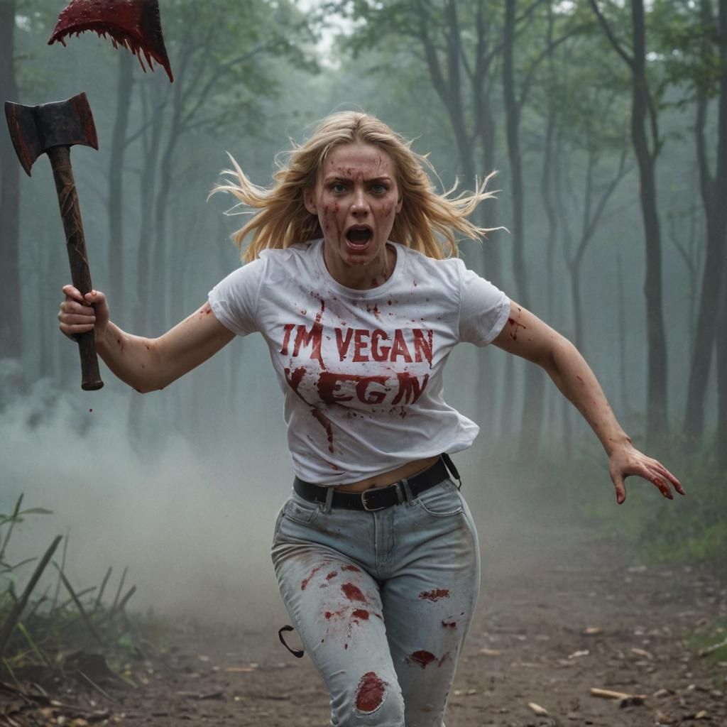 Woman Covered in Blood Running with Axe