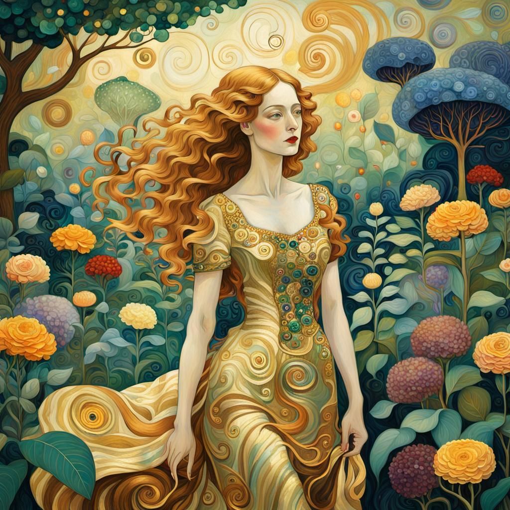 Lady in Gold Dress: Post-Impressionist Fantasy Portrait