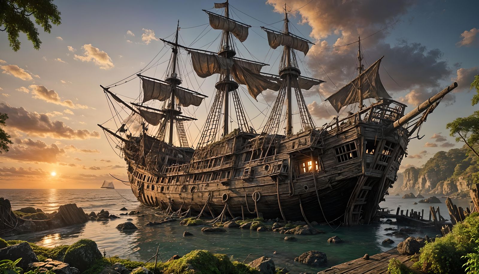 Haunted Pirate Ship Sailing into the Sunset