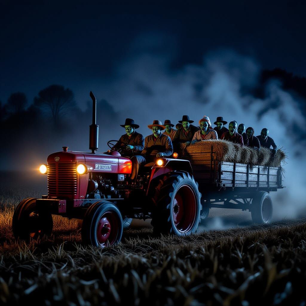 Eerie Tractor Hauls Zombies Through Foggy Field at Night