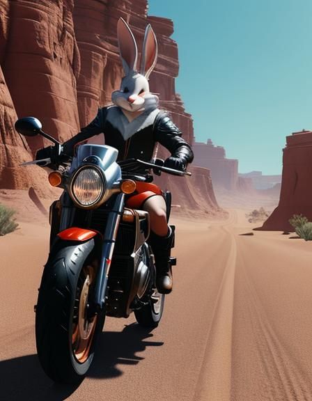 Bugs Bunny Rides a Motorcycle: Hyperrealistic Portrait