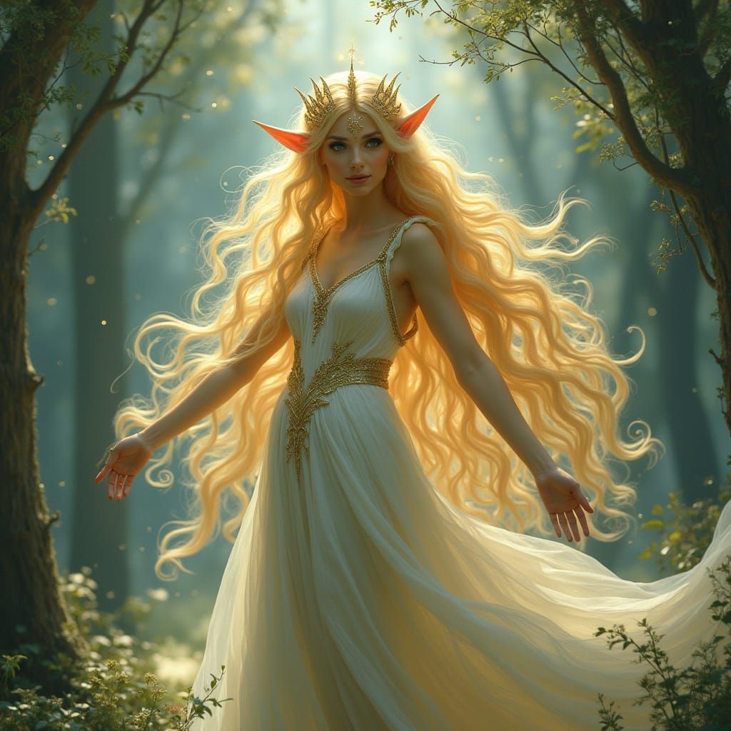 Elven Queen in Shimmering Forest, Art Nouveau Style