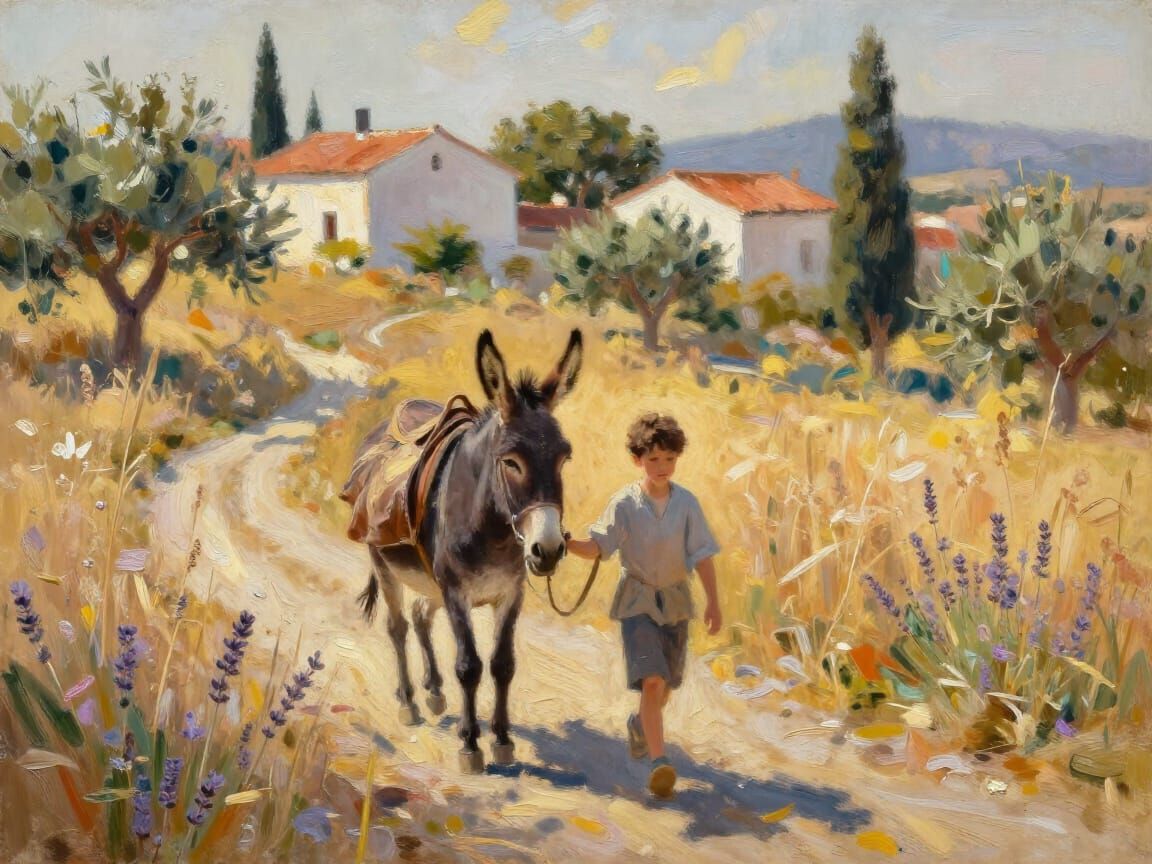 Boy Leading Donkey in Impressionist Mediterranean Landscape