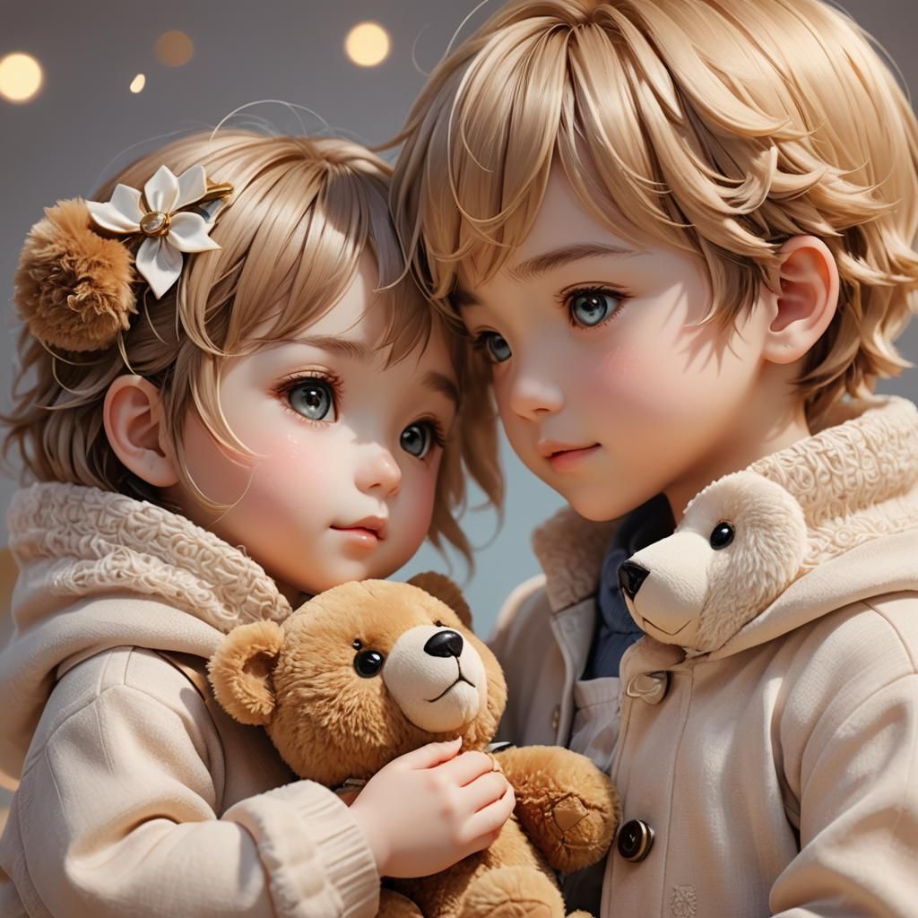 Children Sharing a Teddy Bear in 3D Anime Style