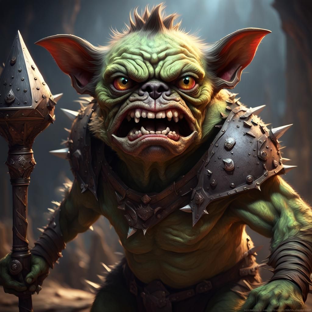 Fierce Furry Goblin with Mace, Dark Fantasy Art