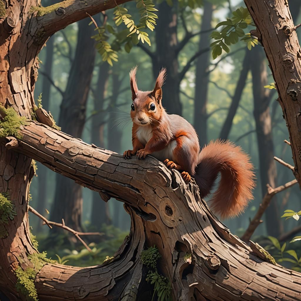 Red Squirrel on Log in 3D Anime Style
