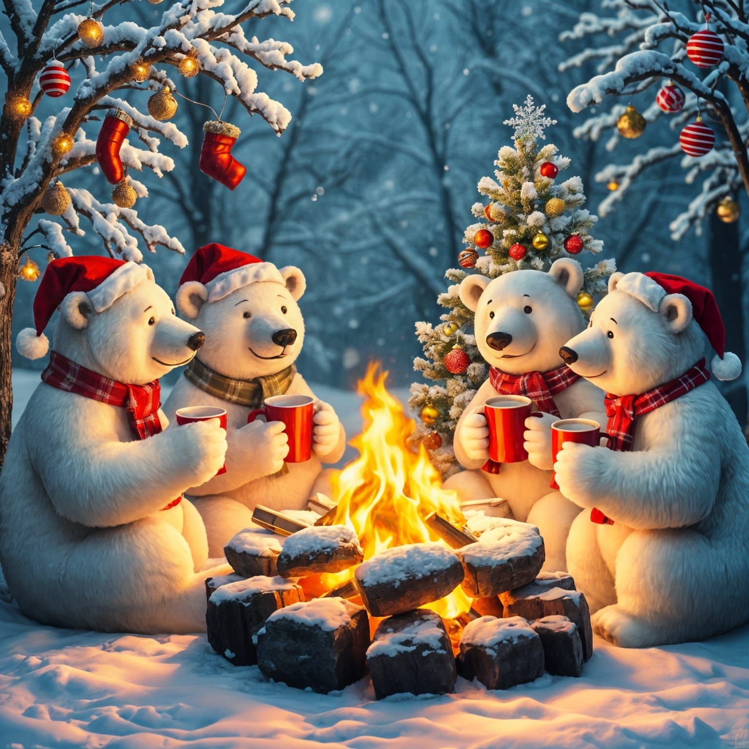 Winter Wonderland Polar Bear Family Cheers Around Bonfire