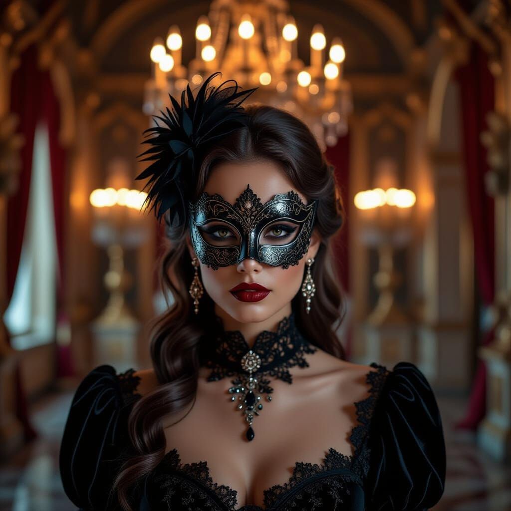 Goth Woman in Masquerade Mask at Rococo Palace Ball