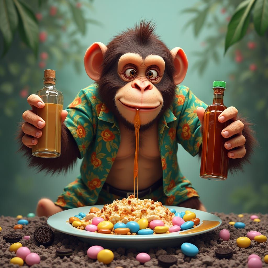 Surreal Jungle Scene with Ape Pouring Caramel and Maple Syru...