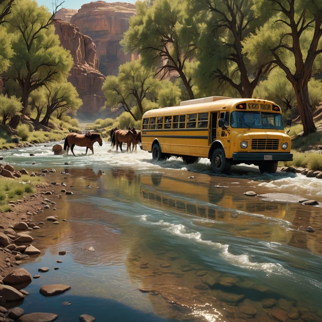 Yellow Bus, Wild Horses, and Creek Scene