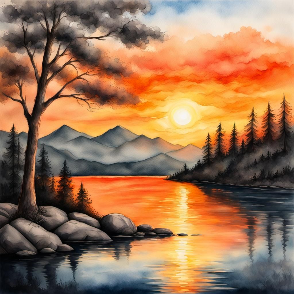 Serene Sunset Landscape in Watercolor Charcoal Pyrography