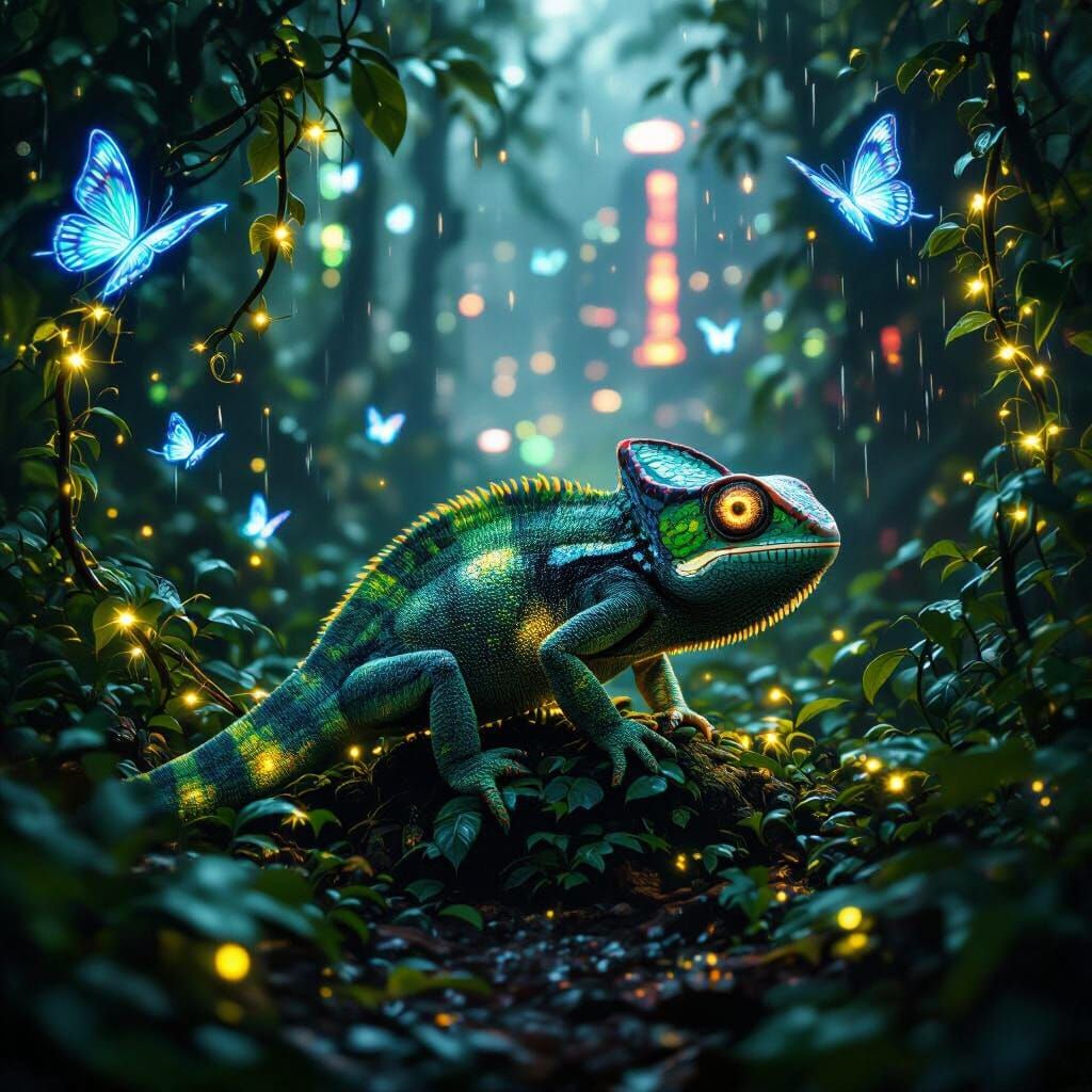 Bioluminescent Chameleon in Futuristic Rainforest