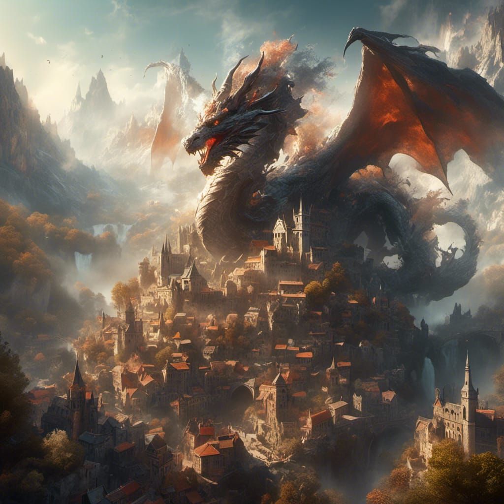 Smoky Dragon Over Medieval Town, Fantasy Masterpiece