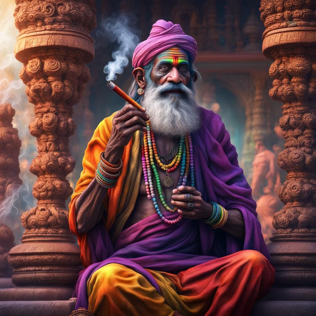 Vibrant Sadhu Surrounded by Tourists in a Hindu Temple
