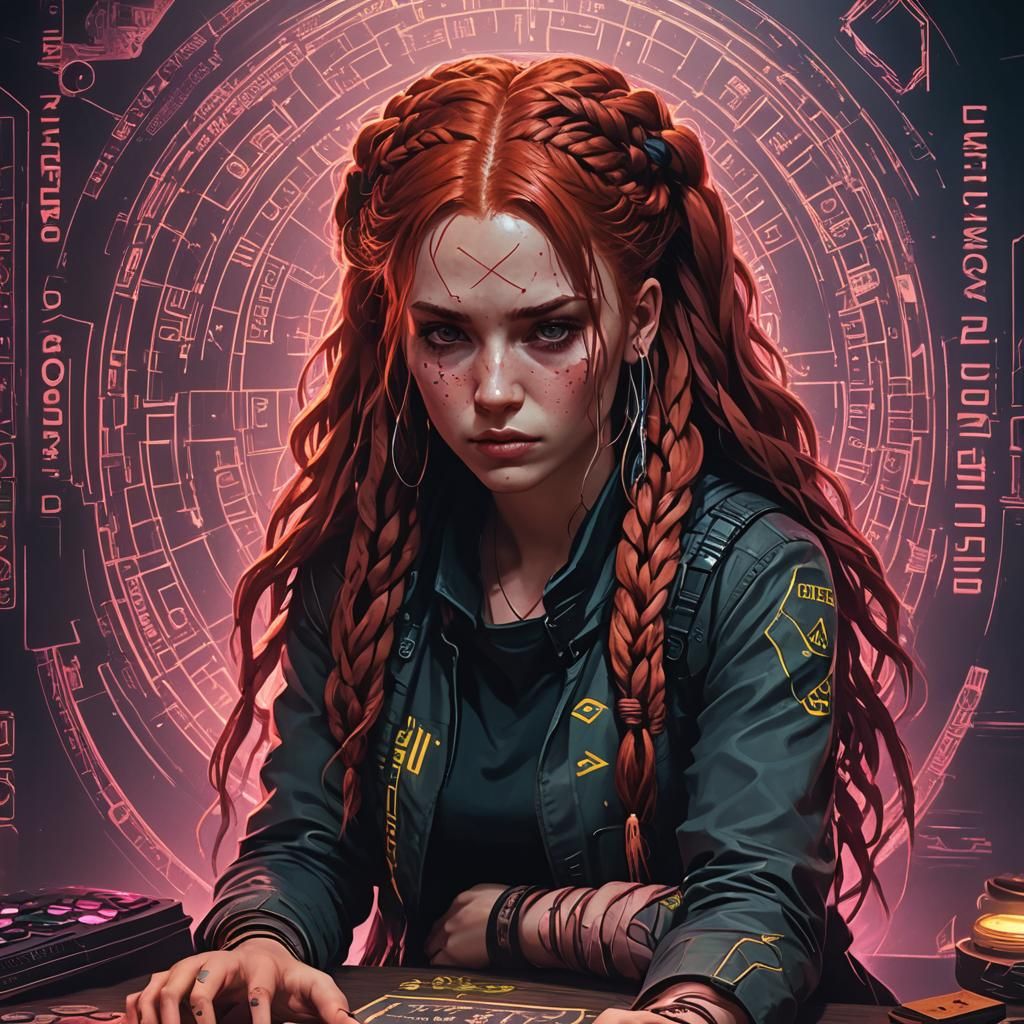 Cyberpunk Redhead with Ouija Board in Neon Light