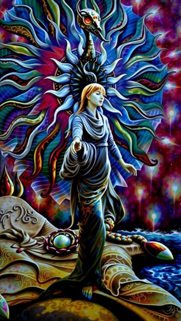 Golden Goddess in Dreamlike Landscape