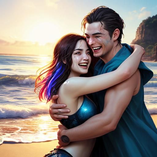 Happy Beach Embrace in Hyperrealistic Splash Art