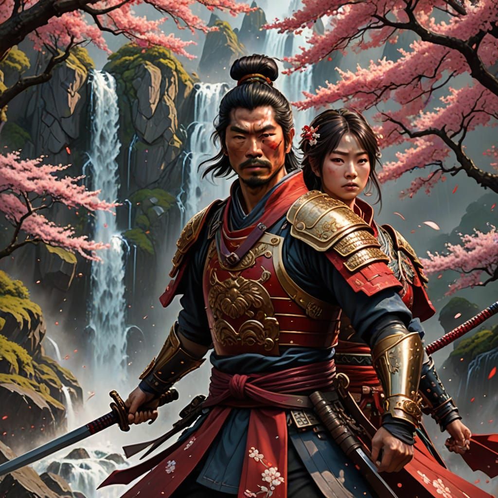 Japanese Warrior Woman and Samurai Dance Amid Cherry Blossom...