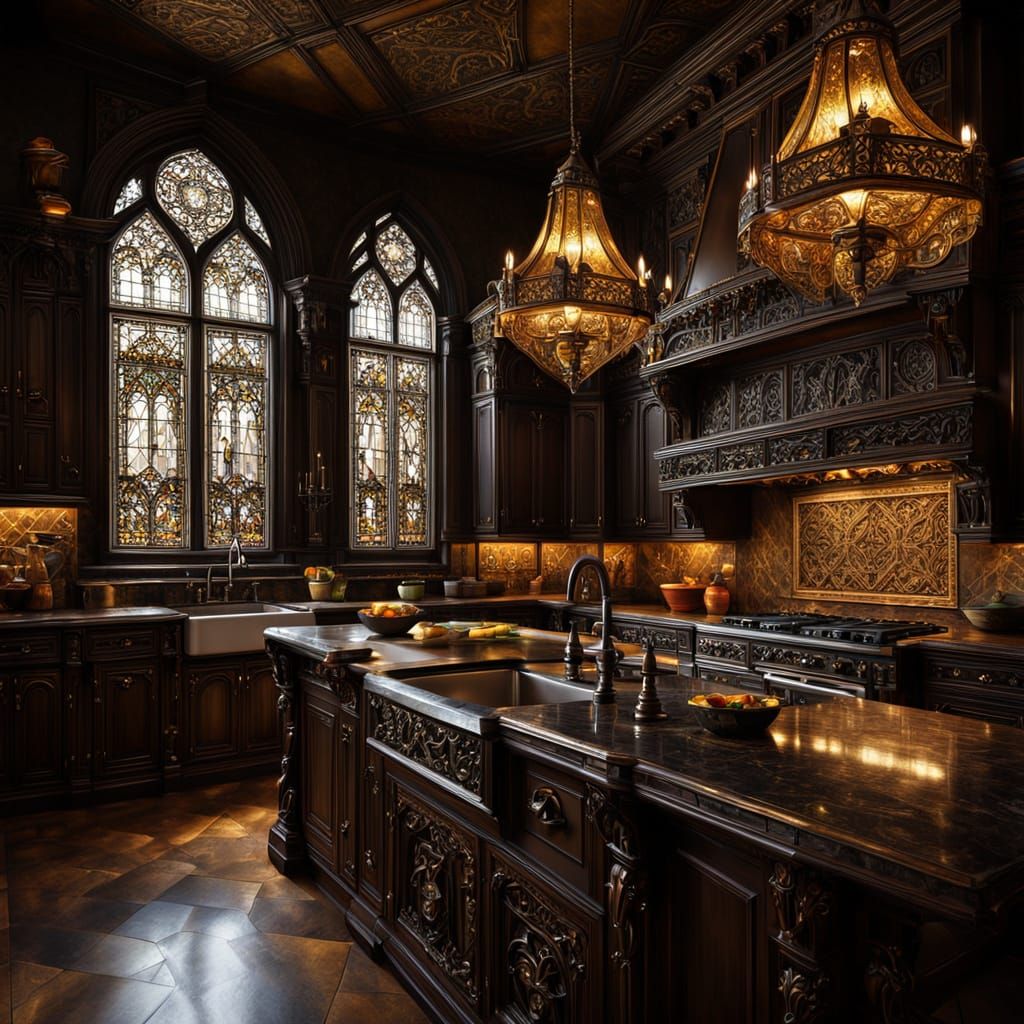 Gothic Kitchen Interior with Chiaroscuro Lighting