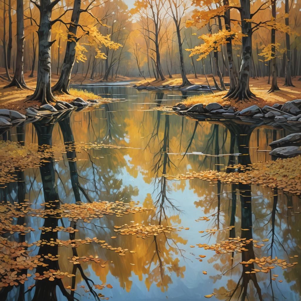 Idyllic Valley Lake in Autumn, Oil Painting Style