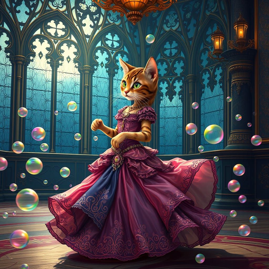 Baroque Cat Waltzes in Art Nouveau Ballroom
