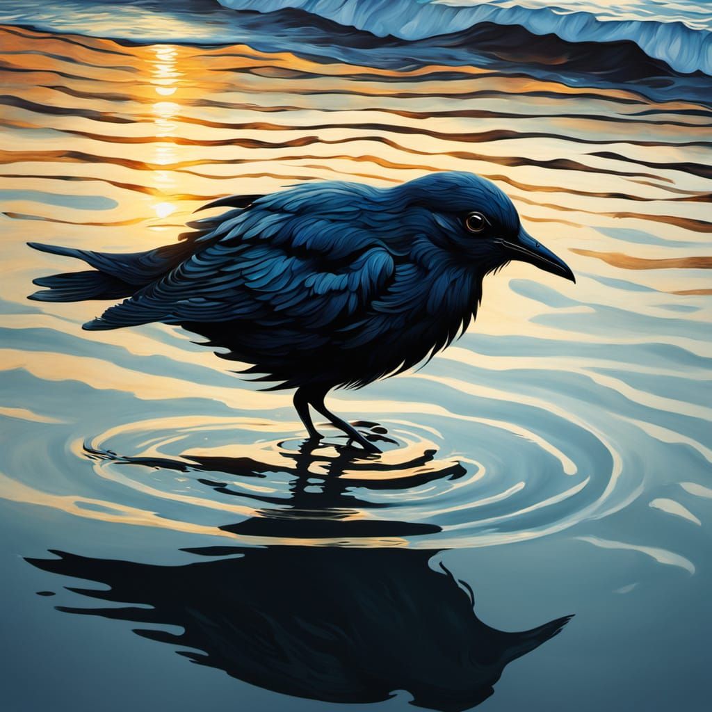 Surreal Bird Shadow Shimmers in Golden Ocean