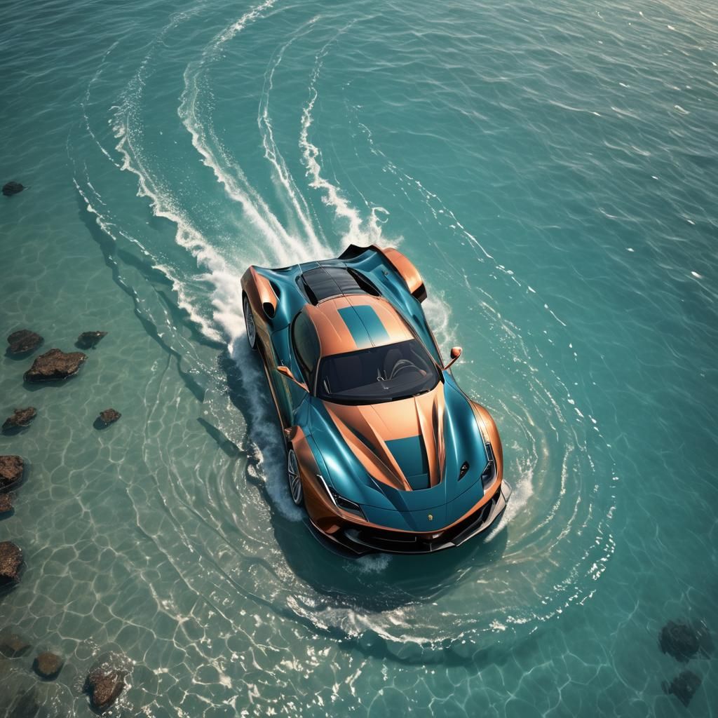 Futuristic Ferrari Supercar Gliding Over Turquoise Ocean