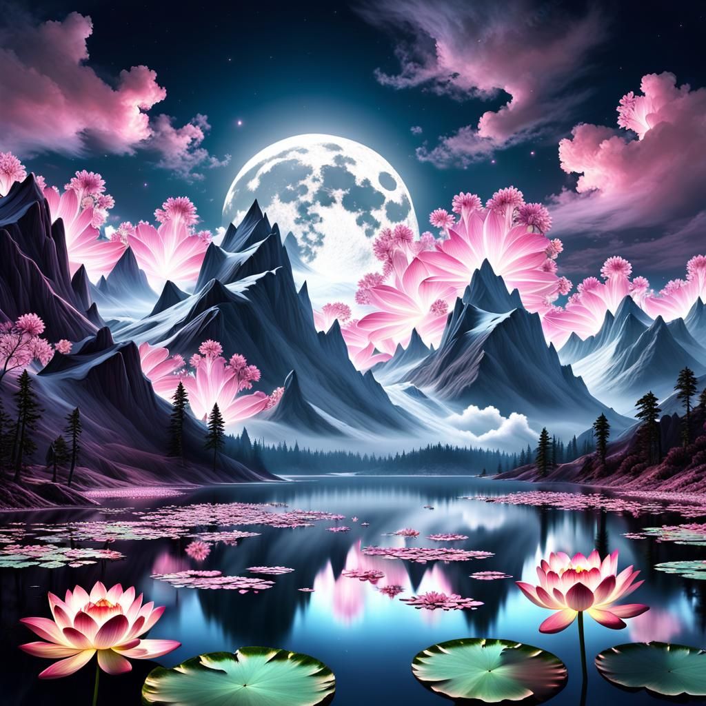 Glowing Lotus Flowers in Fractal Cloud Landscape