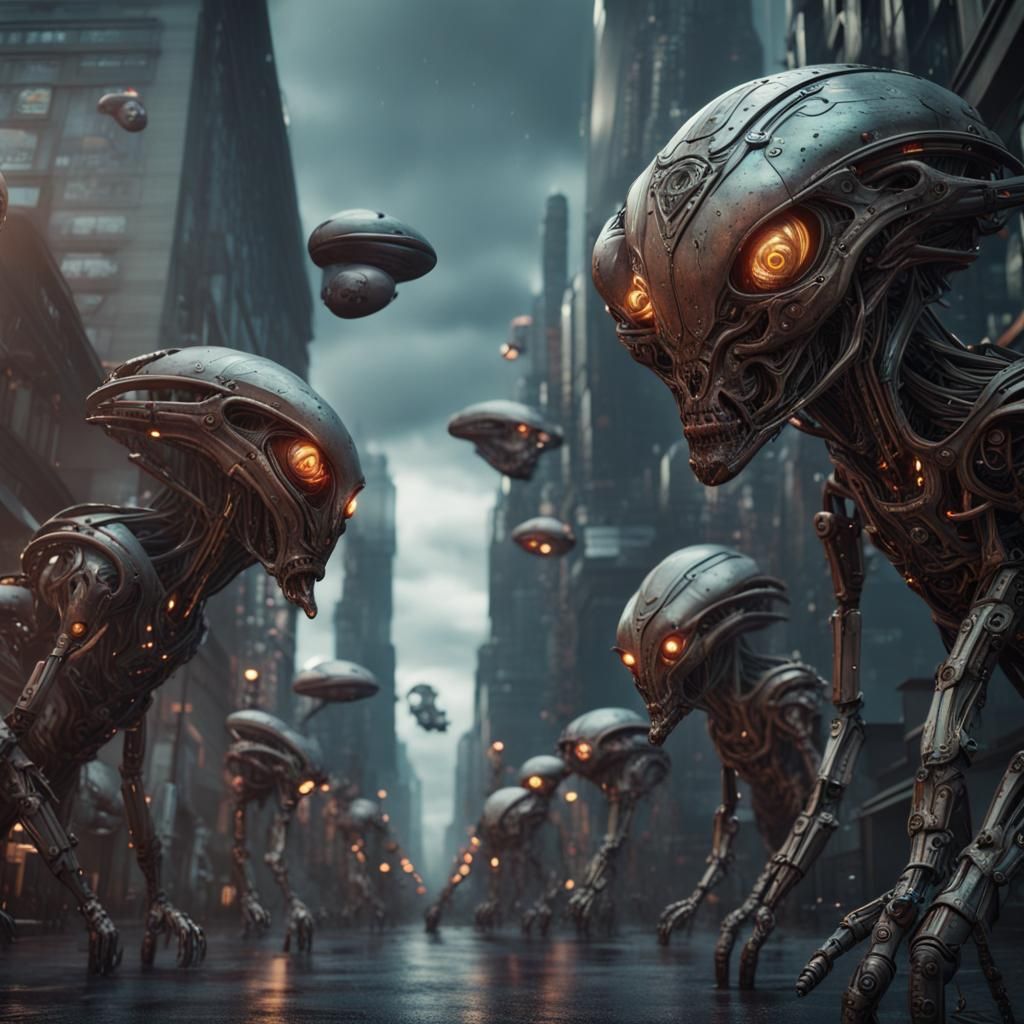 Detailed Alien Robots in a Vast Cityscape
